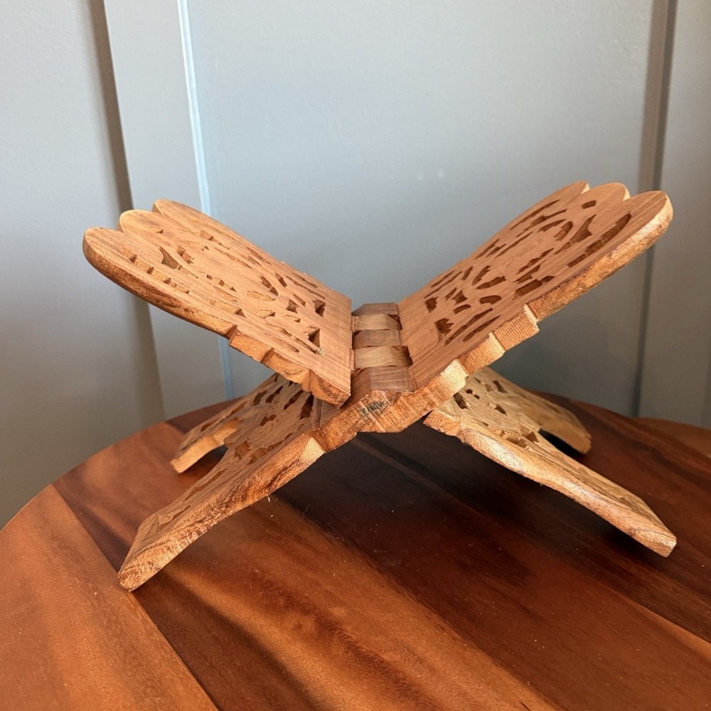 Vintage Hand Carved Wooden Book Stand Folding Rehal Display Holder Boho Decor - Picture 2 of 4